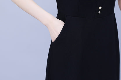 Women's Peter Pan Collar Short Sleeve Pocket Midi Dress - LAI MENG FIVE CATS