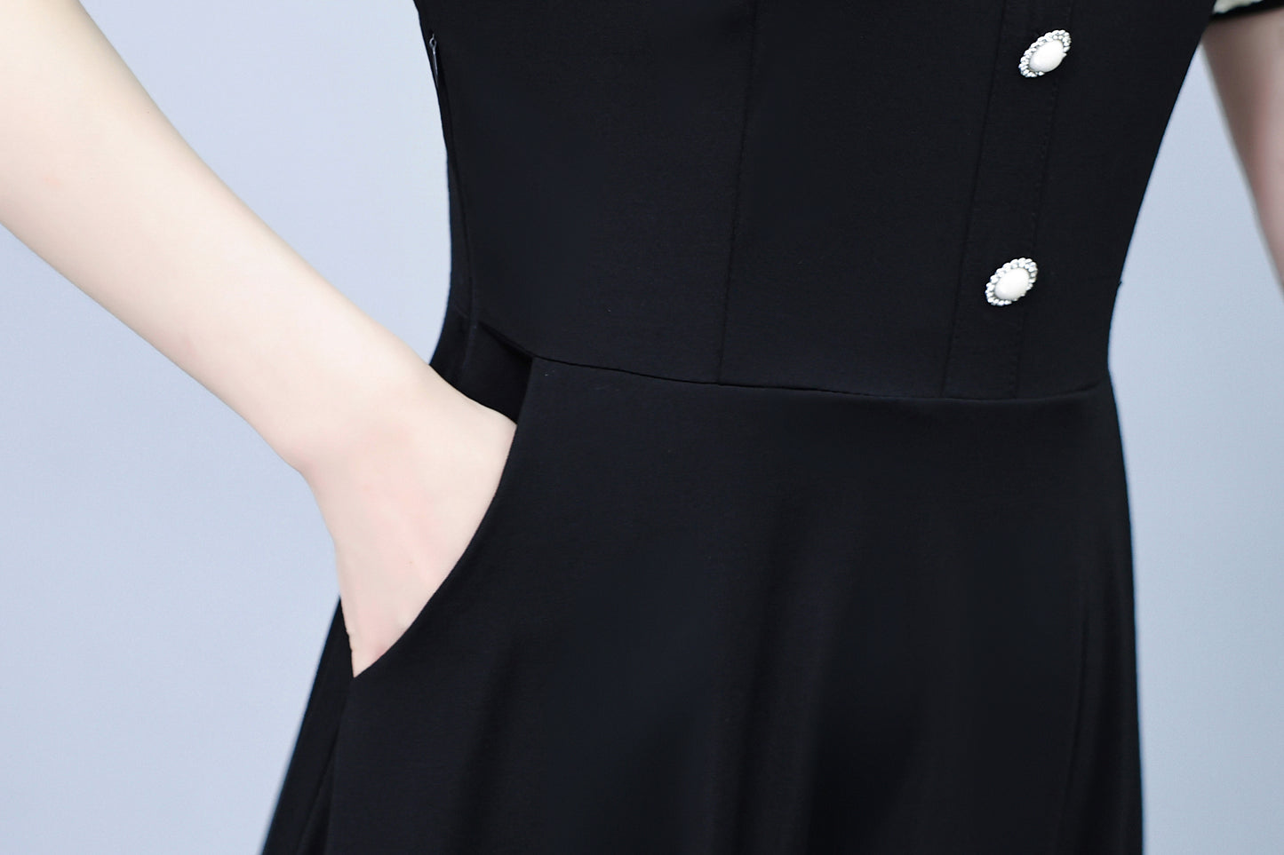 Women's Peter Pan Collar Short Sleeve Pocket Midi Dress - LAI MENG FIVE CATS