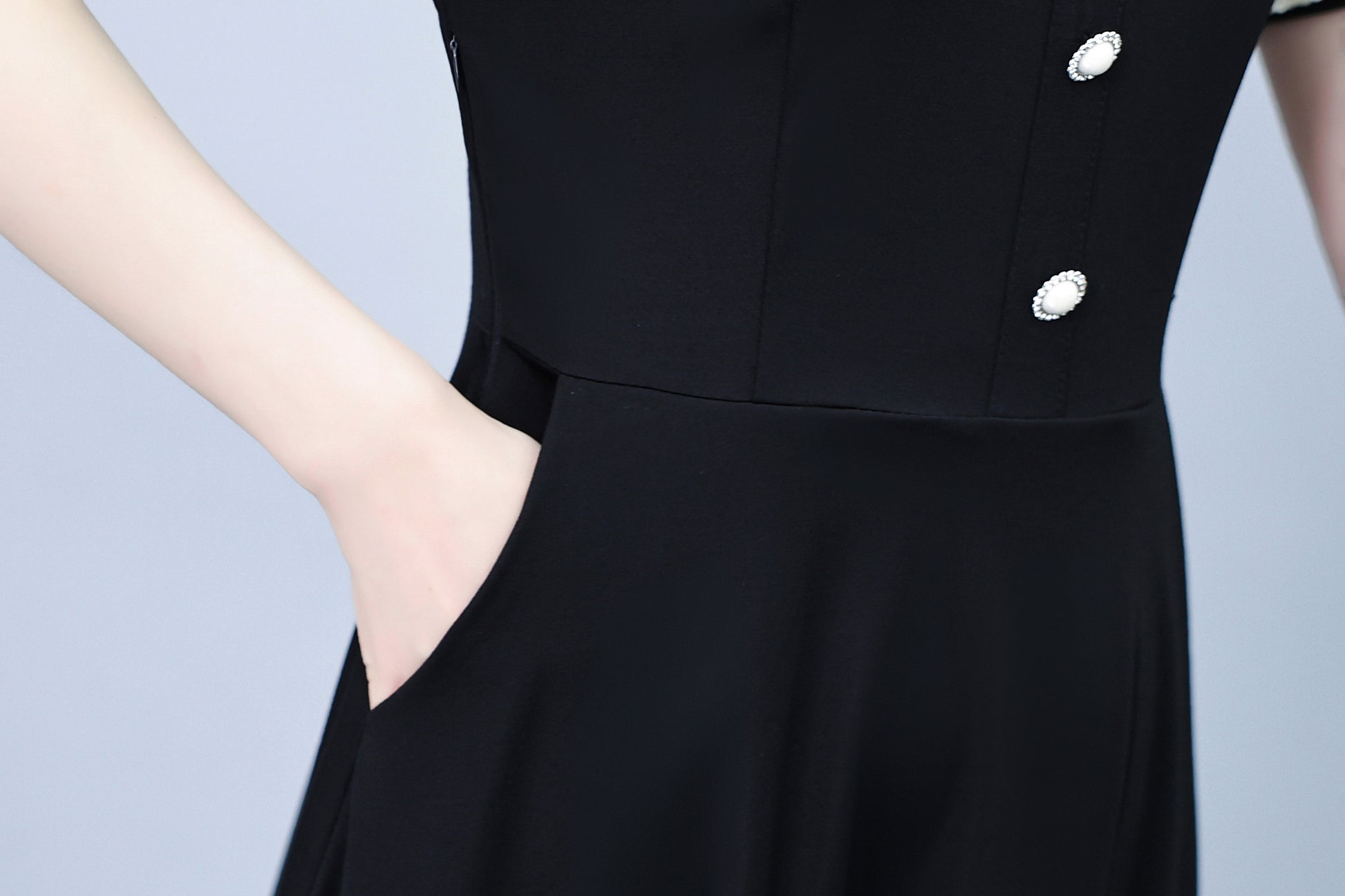 Women's Peter Pan Collar Short Sleeve Pocket Midi Dress - LAI MENG FIVE CATS
