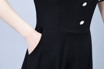 Women's Peter Pan Collar Short Sleeve Pocket Midi Dress - LAI MENG FIVE CATS