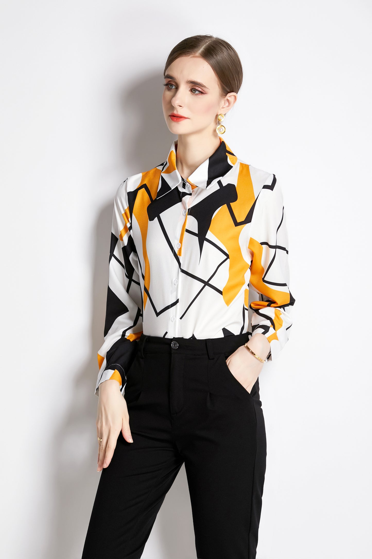 ESY-Women's Long Sleeve Lapel Collar Print Button Blouse