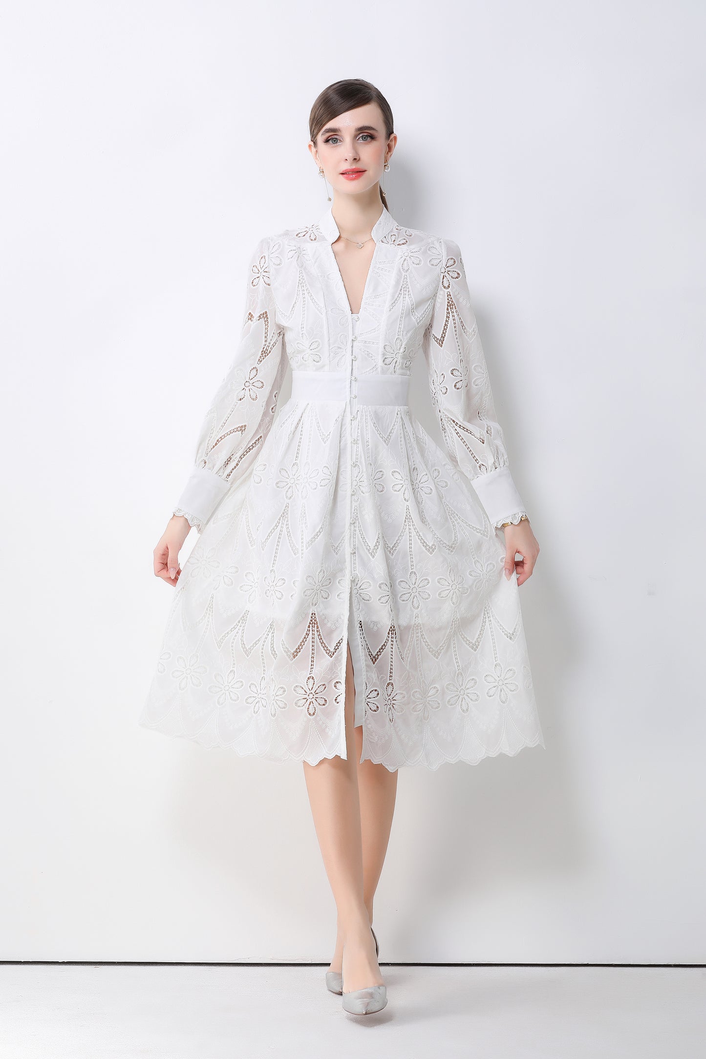 Women's V-Neck Long Sleeve Hollow Out Lace Midi Dress