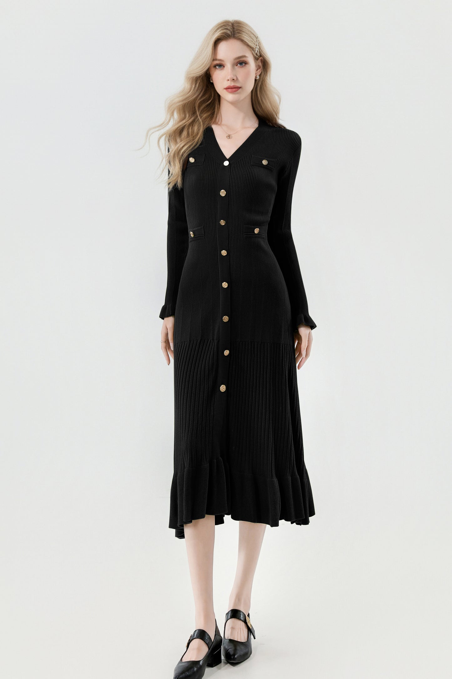 Women's V-Neck Sweater Knit Fishtail Hem Midi Dress