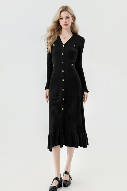 Women's V-Neck Sweater Knit Fishtail Hem Midi Dress