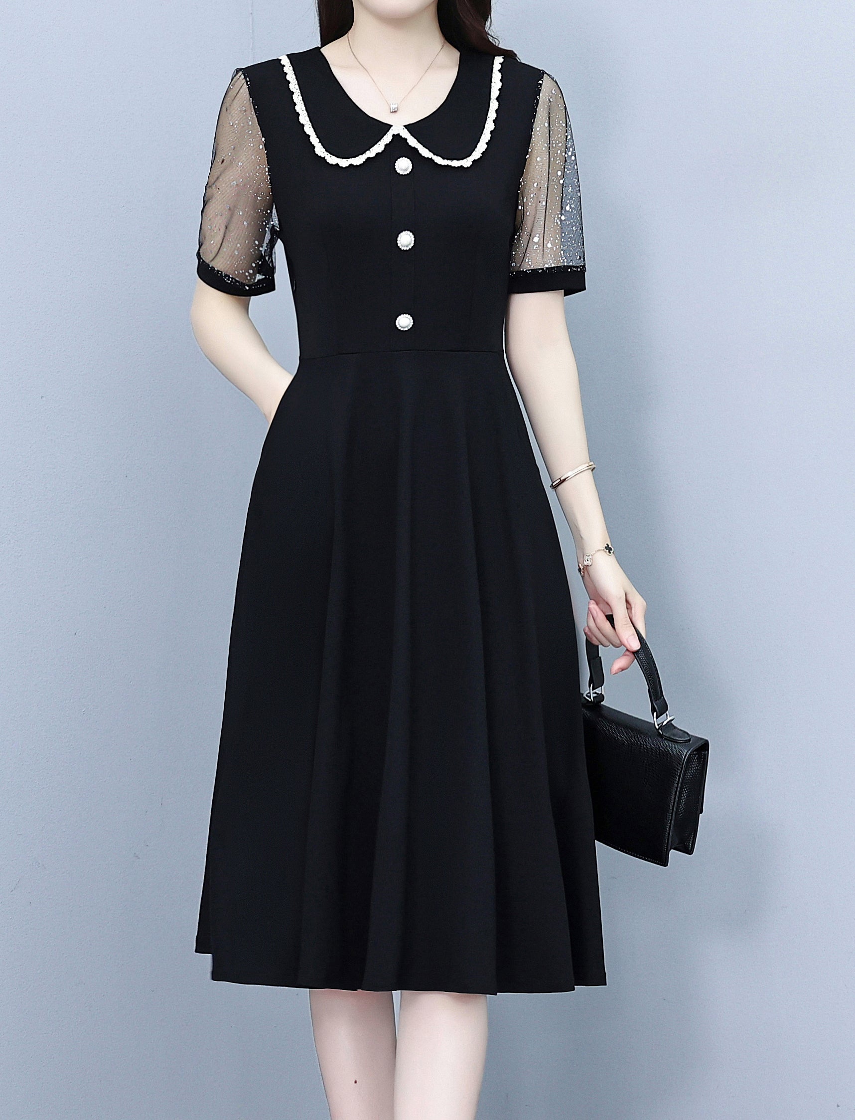 Elegant Mesh Sleeve Midi Dress with Pockets - LAI MENG FIVE CATS