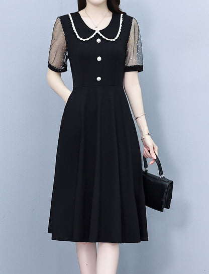 Elegant Mesh Sleeve Midi Dress with Pockets - LAI MENG FIVE CATS