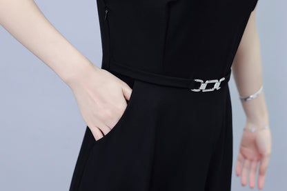 Women's Short Sleeve Pocket A-line Stretch Midi Dress