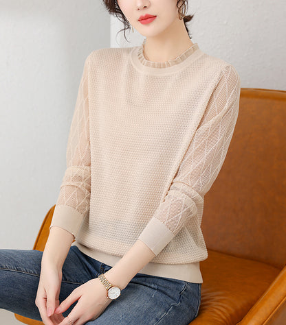 Women's Sweater Puff Sleeve Patchwork Lace Tops