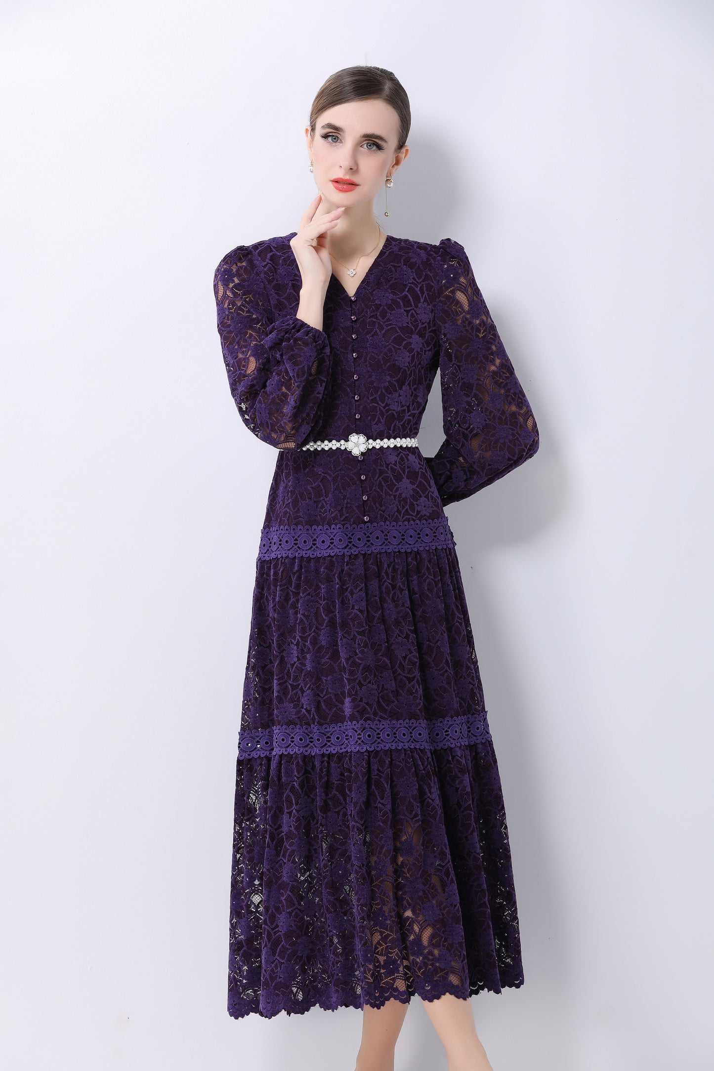 Women's V-Neck Puff Sleeves Button Lace Midi Dress