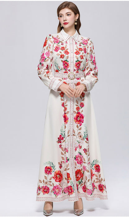 Women's Floral Print Button Maxi Dress With Belts