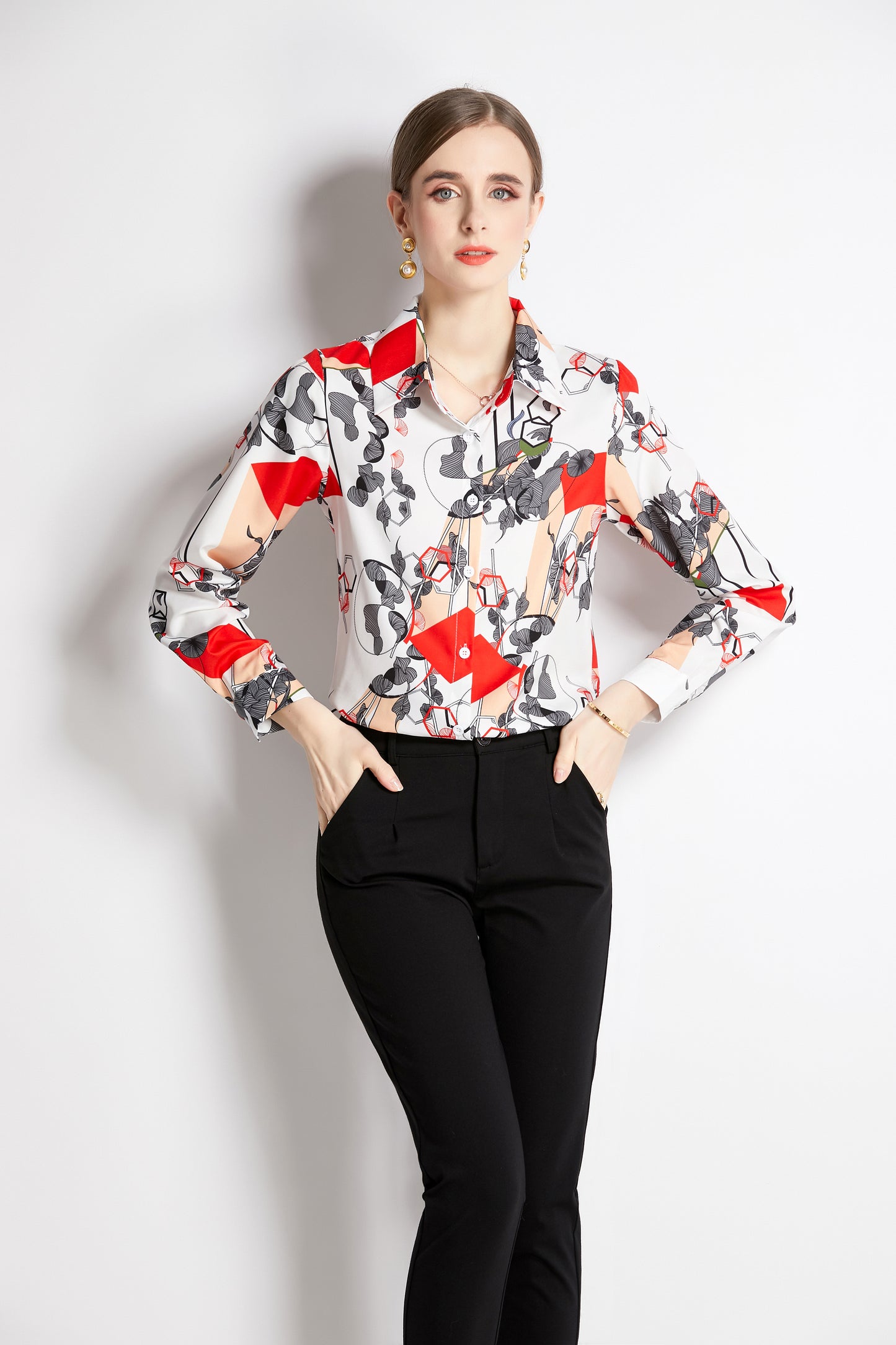 ESY-Women's Shirt Floral Print Long Sleeve Button Blouse