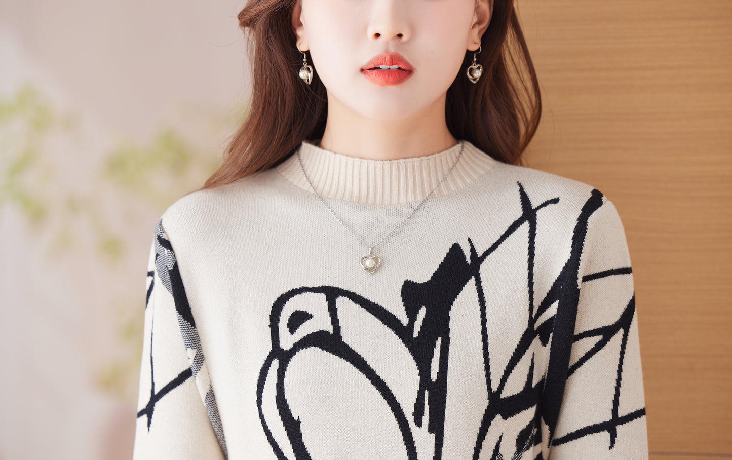 Women's Turtleneck Print Pullover Sweater Midi Dress