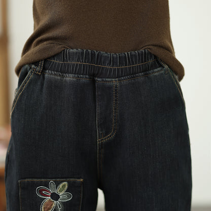Women's Elastic Waist Embroidery Denim Jeans