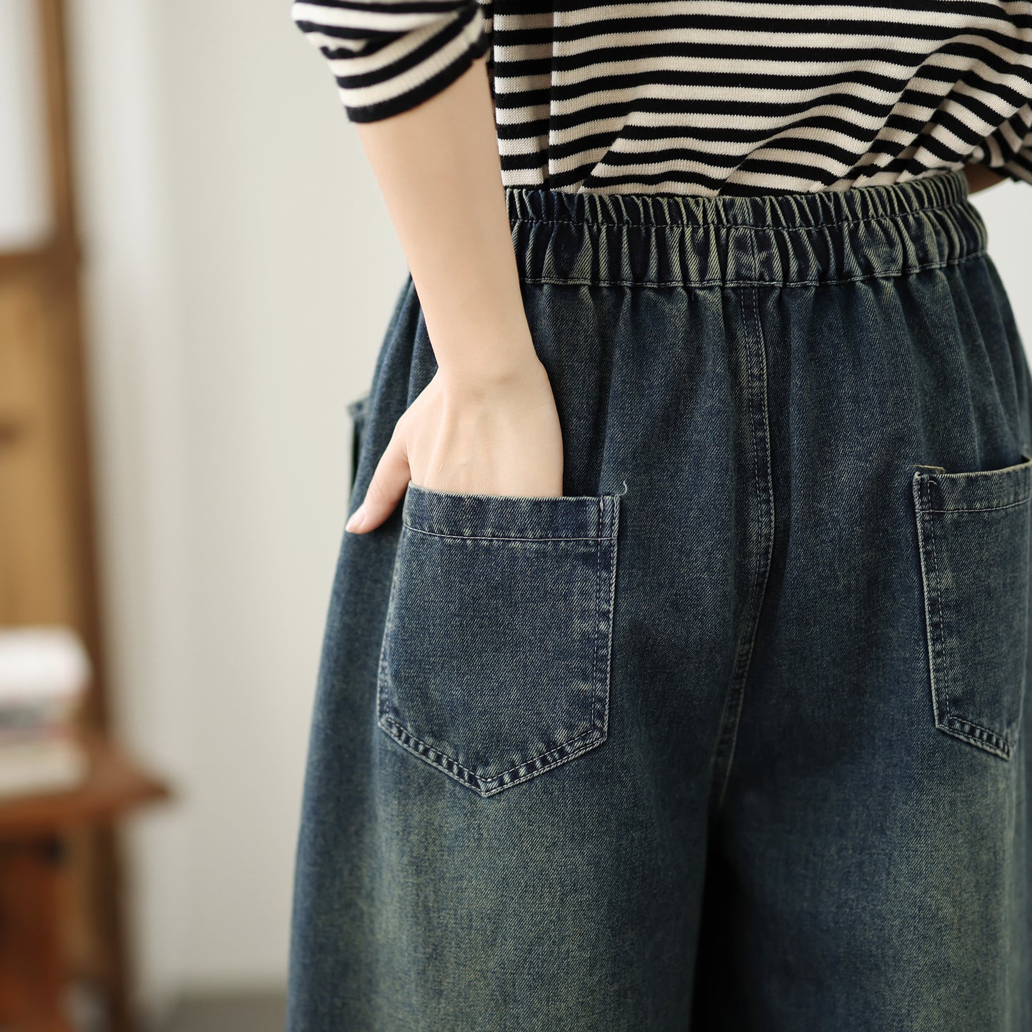 Jeans for Women Wide Leg Pull On Elastic Waist Denim - LAI MENG FIVE CATS