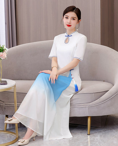 Women's Cheongsam Short Sleeve Qipao Long Dress