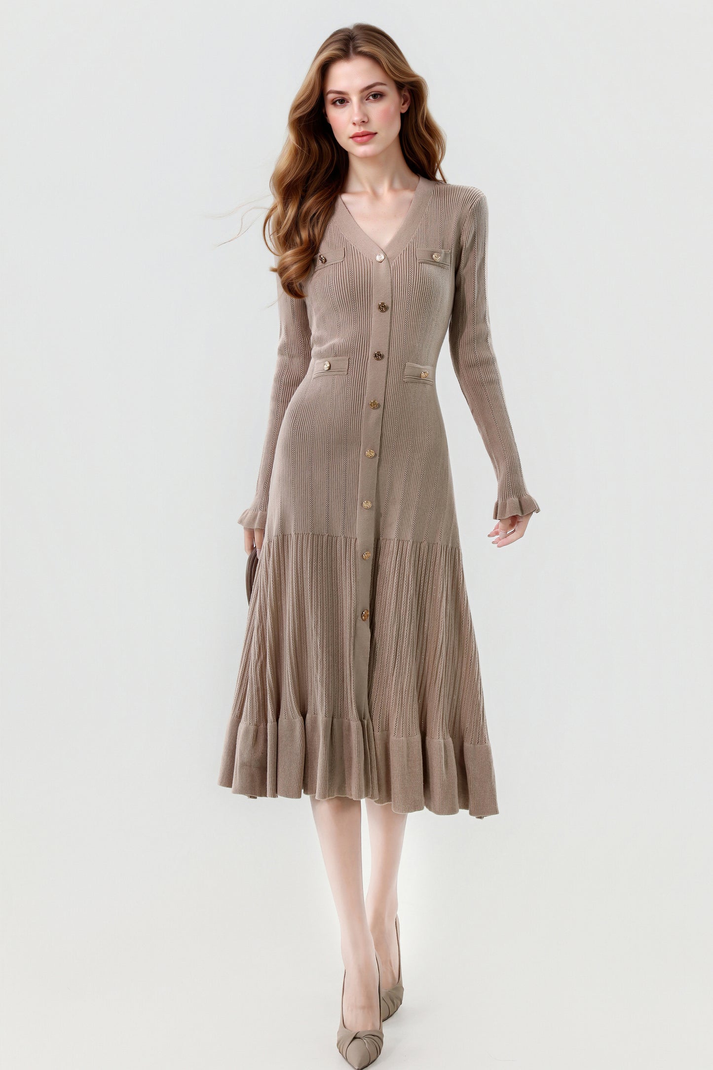 Women's V-Neck Sweater Knit Fishtail Hem Midi Dress