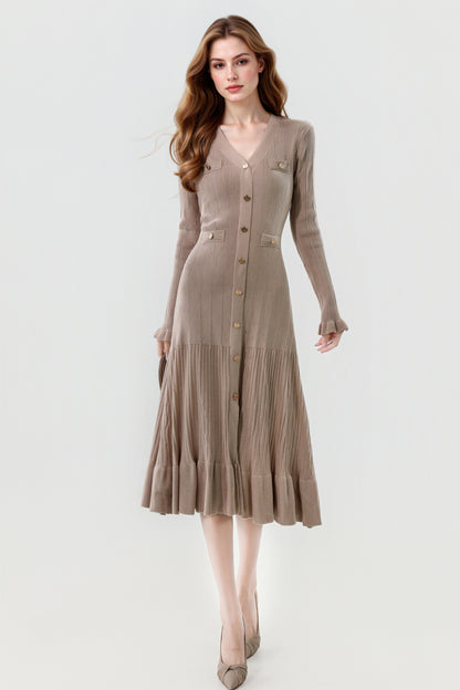 Women's V-Neck Sweater Knit Fishtail Hem Midi Dress