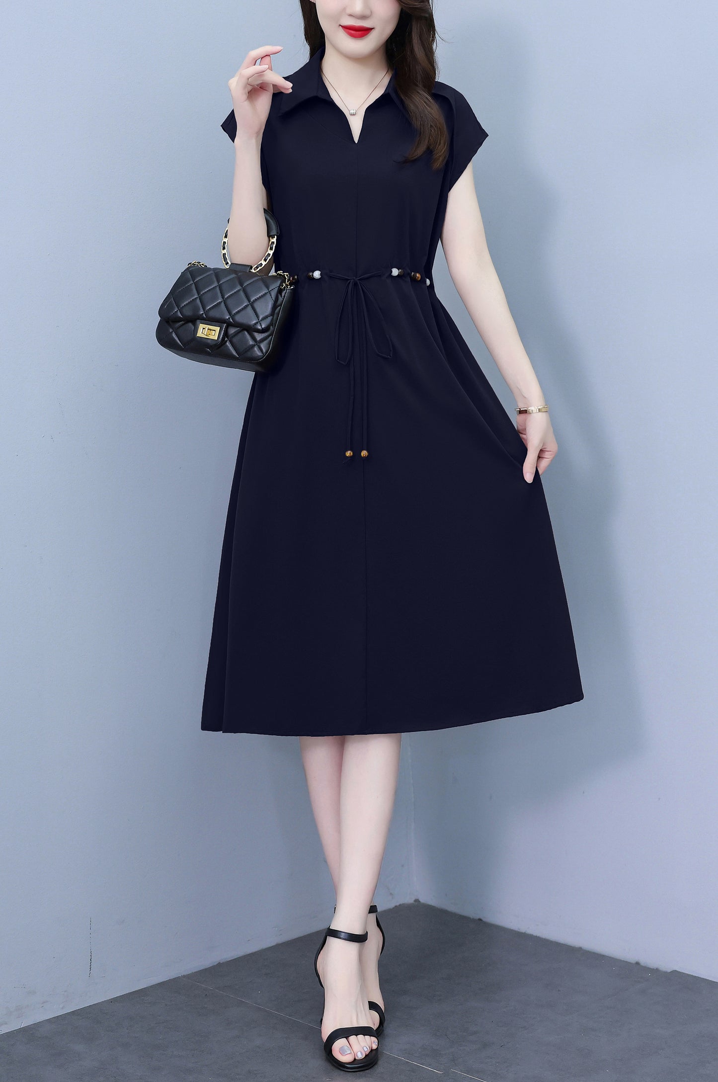 Women's V-Neck Cap Sleeve Pocket Midi Dress
