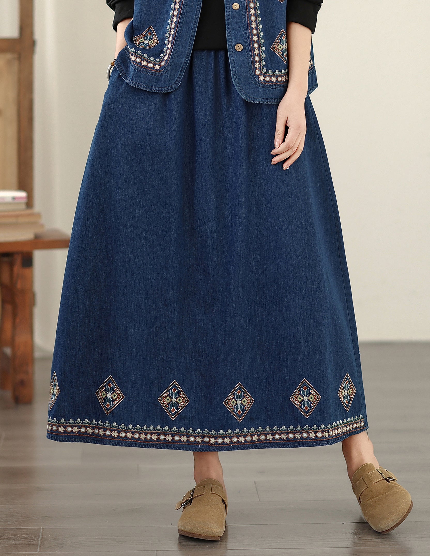 Women's Embroidered Elastic Waist Denim Jean Maxi Skirt Pocket - LAI MENG FIVE CATS