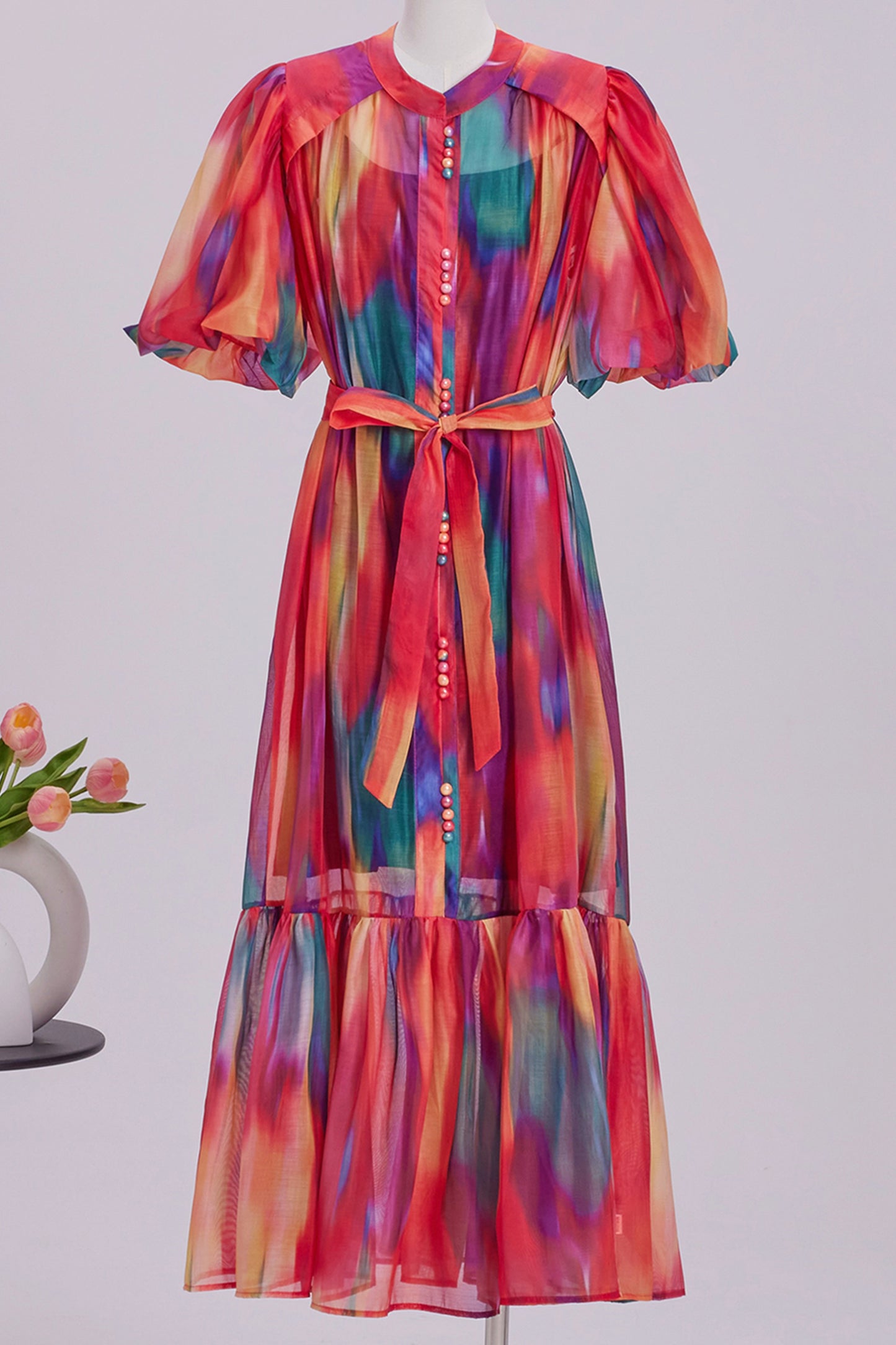 Women's Floral Print Puff Sleeve Fishtail Loose Maxi Dress