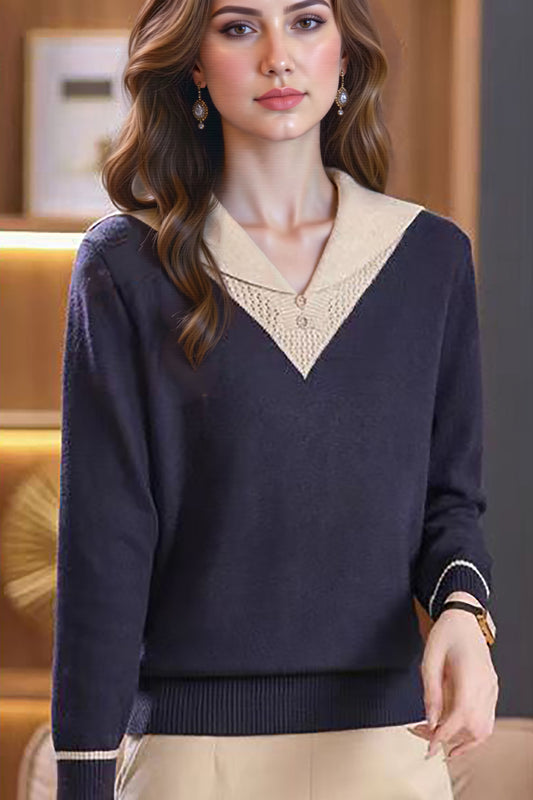Women's Sailor Collar V-Neck Sweater Knit Pullover Tops