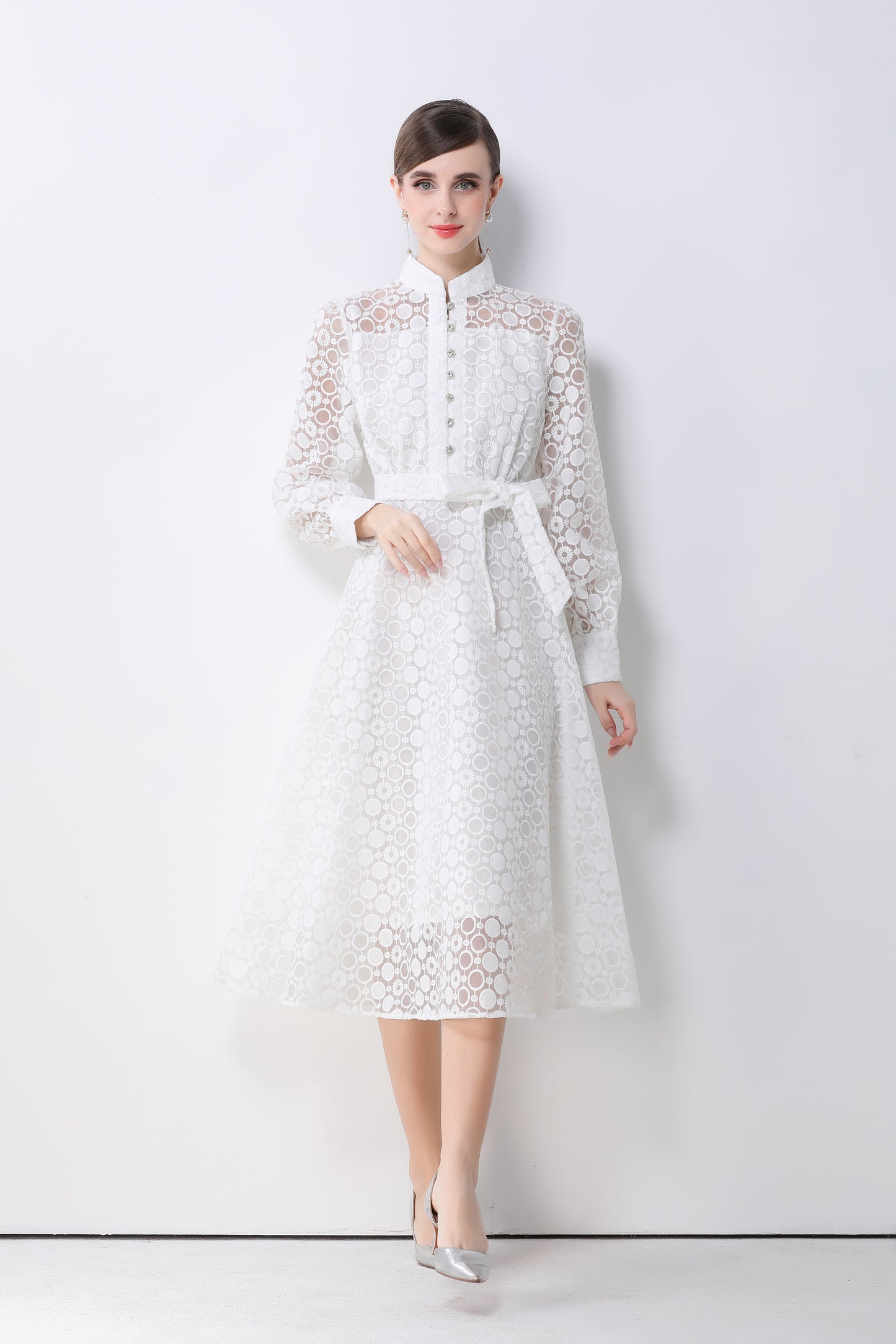Women's Lace Lantern Sleeve Button Midi Dress