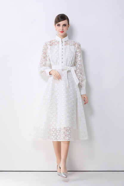 Women's Lace Lantern Sleeve Button Midi Dress