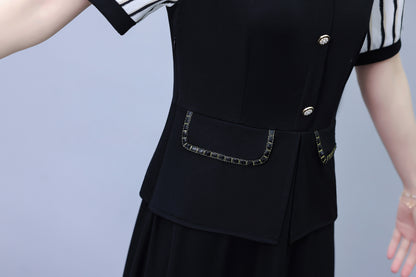 Women's Lapel V-Neck Pocket Short Sleeve Midi Dress - LAI MENG FIVE CATS