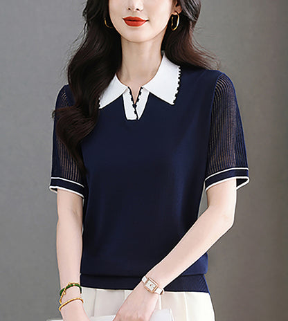 Women's Contrasting Color Polo Collar Knit Blouse