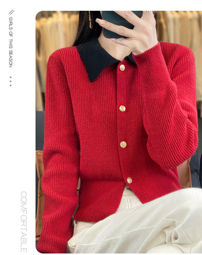 Women's Lapel V Neck Cardigan Sweater Knit Blouse
