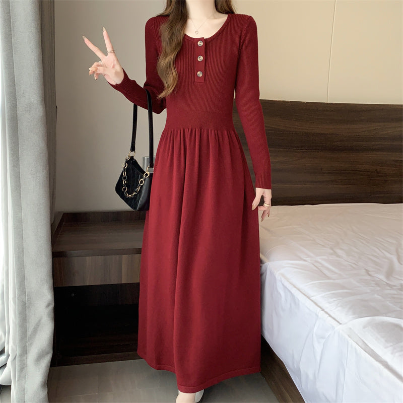 Women's Long Sleeve Button A Line Ribbed Knit Maxi Dress