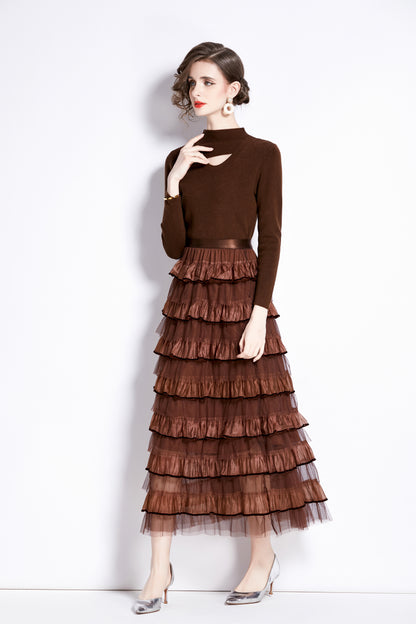 Women's 2 Piece Skirt Set Knit Top Ruffle Layered Skirt