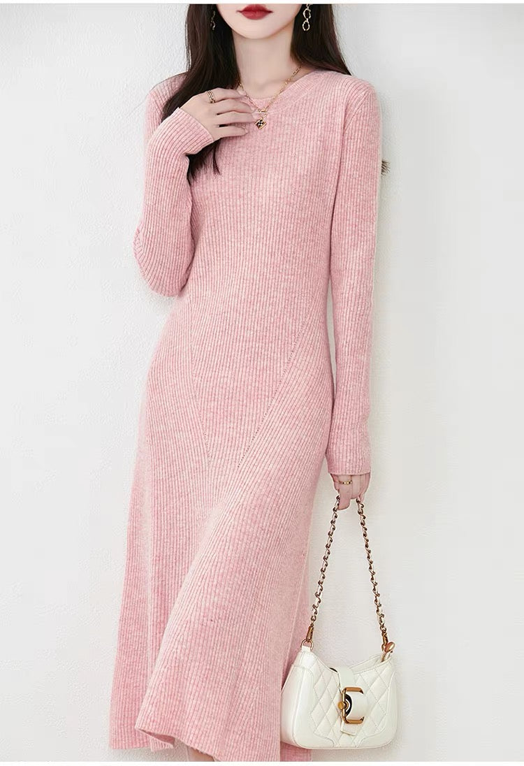 Women's Sweater Crewneck Ribbed Knit Midi Dress