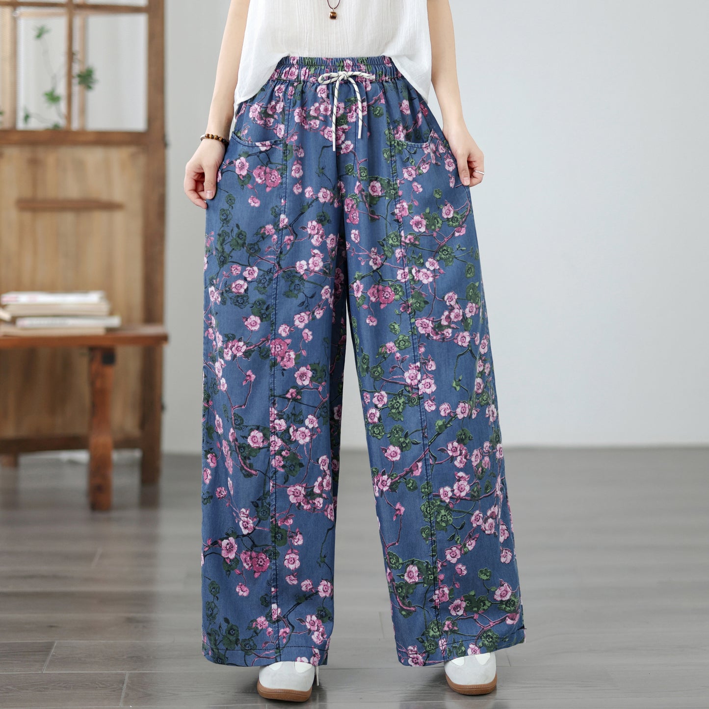 Women's Wide Leg Jeans Lightweight Wasited Elastic Print Y2K Pants - LAI MENG FIVE CATS