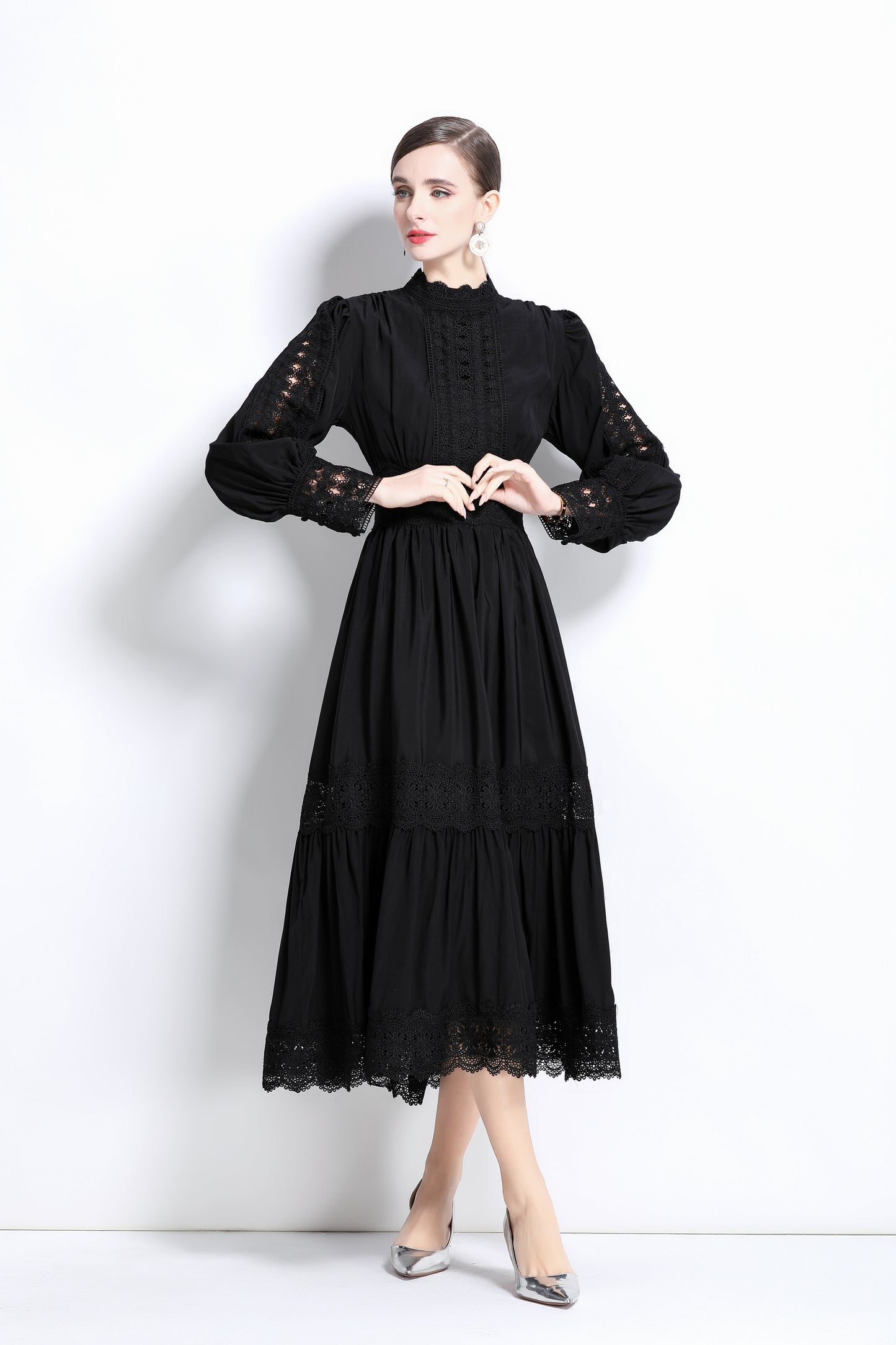 Women's Mock Neck Lantern Sleeve Lace Tiered Maxi Dress