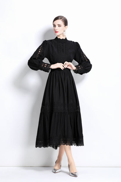 Women's Mock Neck Lantern Sleeve Lace Tiered Maxi Dress