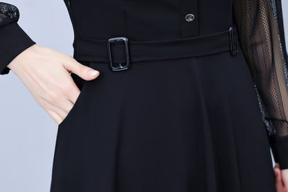 Women's V-Neck Long Sleeve with Pockets Black Dress