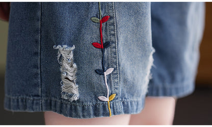 Women's Baggy Pull On Jeans Ripped Denim Shorts - LAI MENG FIVE CATS