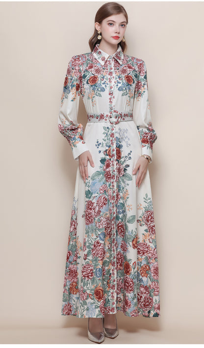 Women's Floral Print Button Maxi Dress With Belts