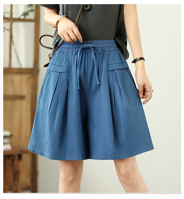 Women's High Waisted Baggy Jean Wide Leg Denim Shorts - LAI MENG FIVE CATS