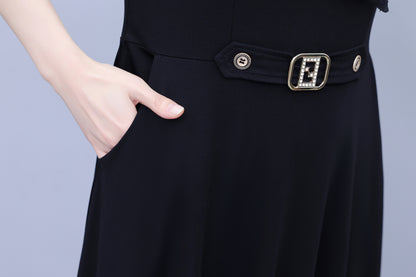 Women's Tie V-Neck Short Sleeve Pocket Midi Dress - LAI MENG FIVE CATS