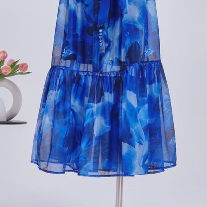 Women's Floral Print Puff Sleeve Fishtail Loose Maxi Dress
