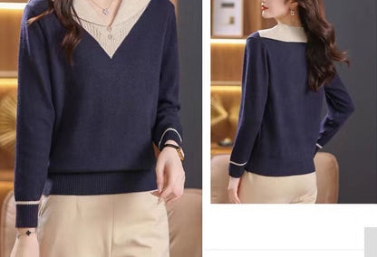 Chic Contrast Collar Knit Sweater - Elegant V-Neck Pullover