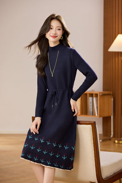 Women's Wool Sweater Drawstring Waist Print Knit Midi Dress