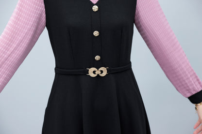 Women's Lapel V-Neck Pocket Long Sleeve Black Dress