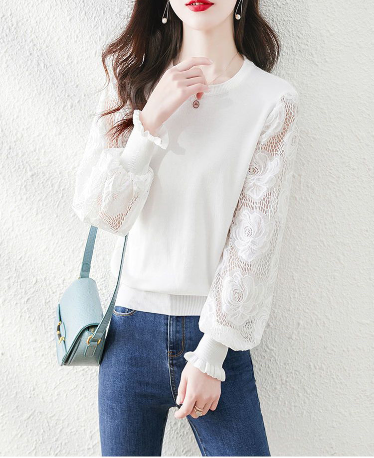Women's Sweater Puff Sleeve Lace Knit Pullover Tops
