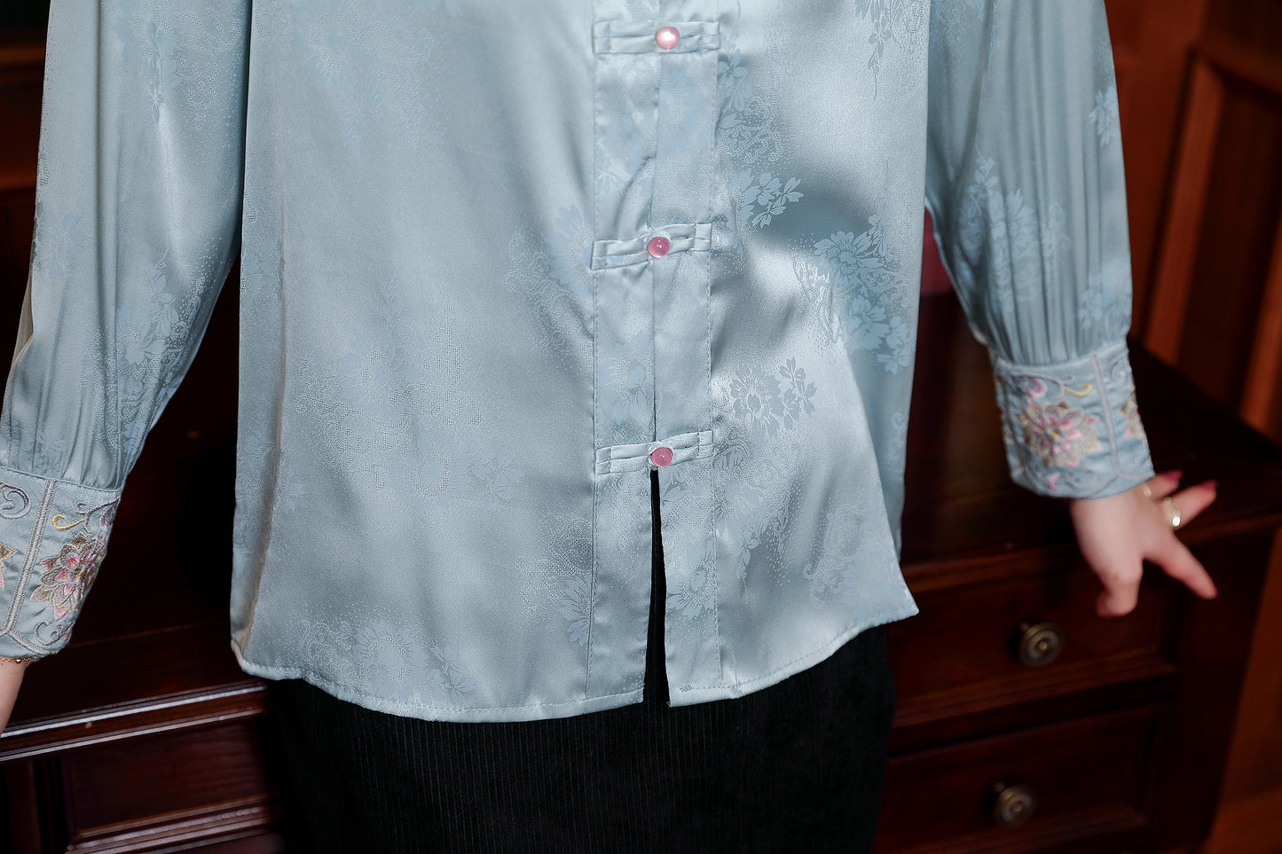 Women's Silk Satin Jacquard Long Sleeve Blouses