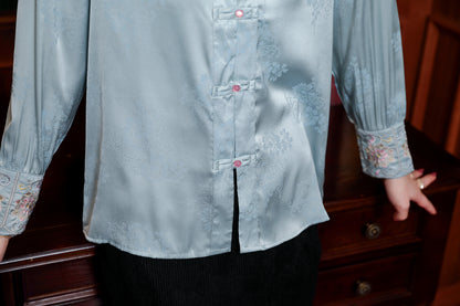 Women's Silk Satin Jacquard Long Sleeve Blouses