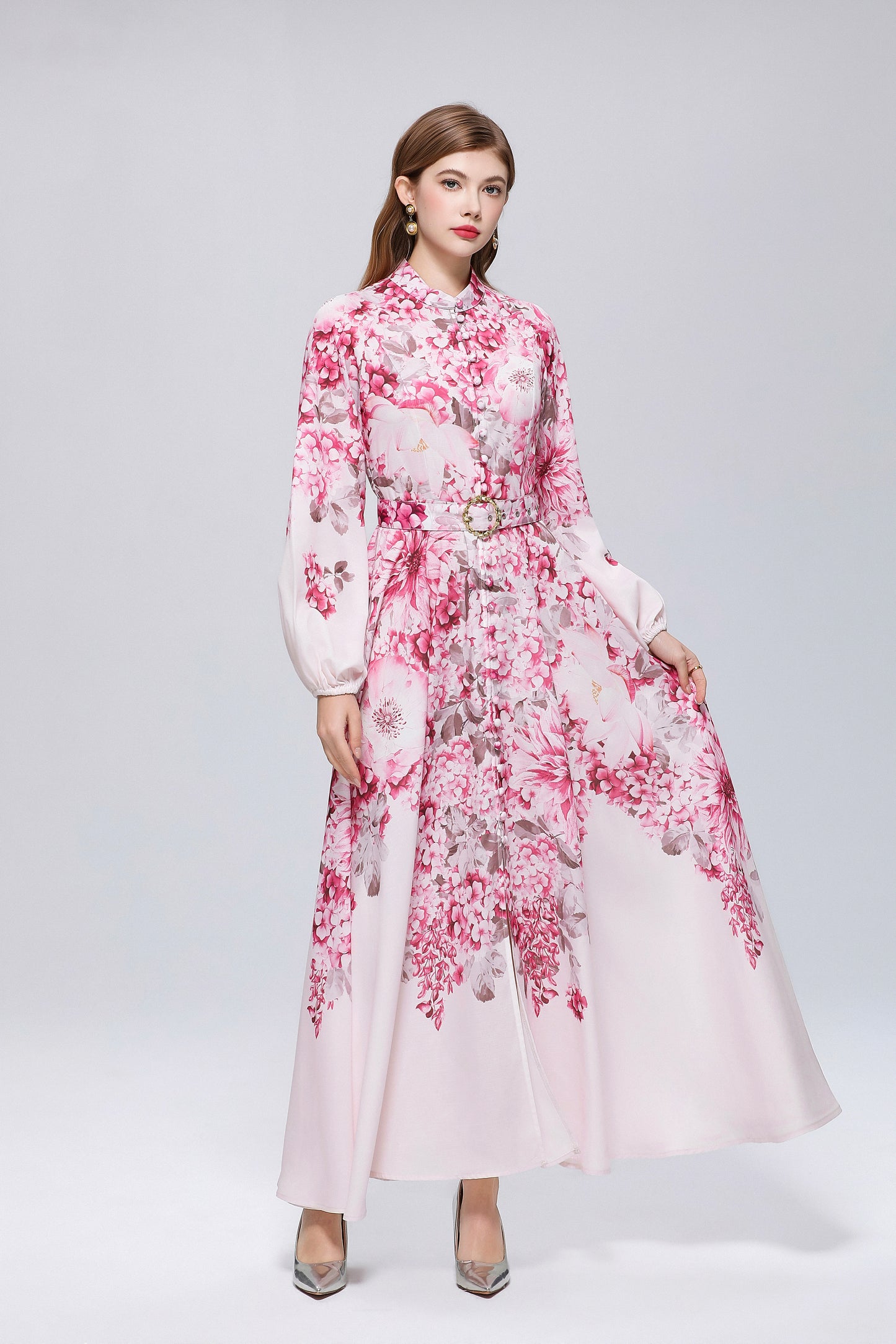 26-Women Floral Print Button Flowy Maxi Belt Dress