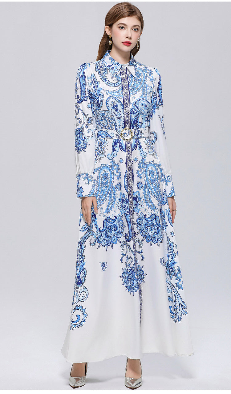 Women's Floral Print Button Maxi Dress With Belts